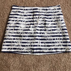 Blue and white striped skirt with detailed pattern